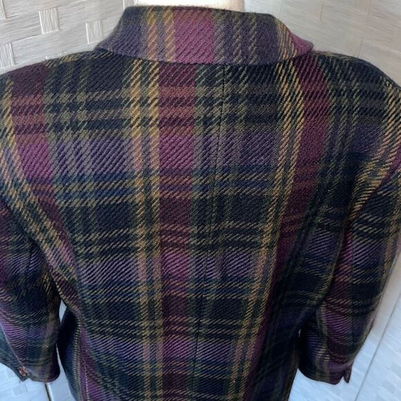 Vintage 90s KL by Karl Lagerfeld Plaid Double Breasted Blazer Wool Purple and Gr - Picture 6 of 16